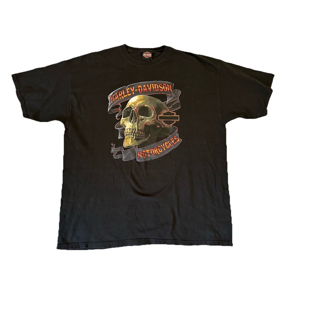 Vintage Harley Davidson T Shirt Men's XXL Black Y2K Lakeshore USA Skull‎ Biker